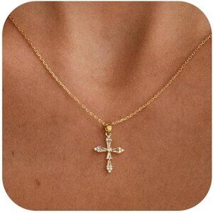 14K Gold Plated Dainty Cross Necklace for Women, Adjustable, Waterproof, Minimal